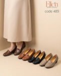شوز حريمي كلاسيك جلد طبيعي كعب فلات 5 سم - Code 489