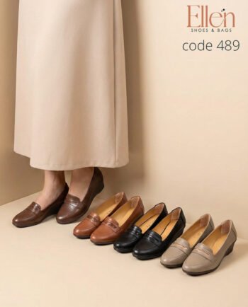شوز حريمي كلاسيك جلد طبيعي كعب فلات 5 سم - Code 489