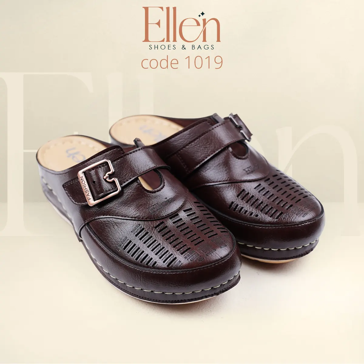 E1019BR_2 سابو حريمي بني بتفريغات أمامية وأبزيم معدني