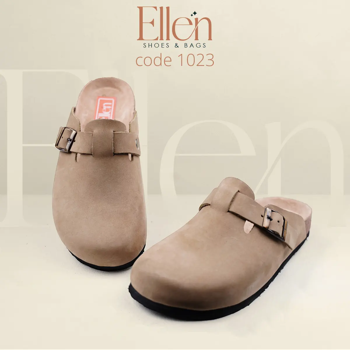E1023BG_1 سابو حريمي جلد طبيعي بيج بإبزيم معدني وتصميم مفتوح من الخلف كود 1023