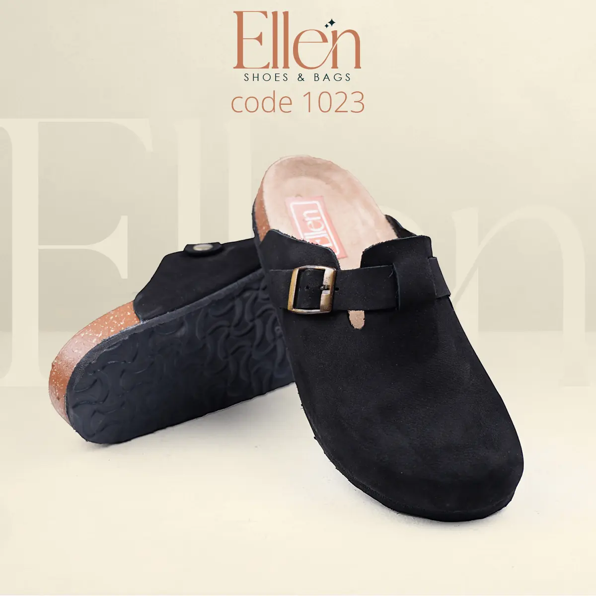 E1023BK_4 سابو حريمي أسود من إيلين مع عرض تصميم النعل السفلي