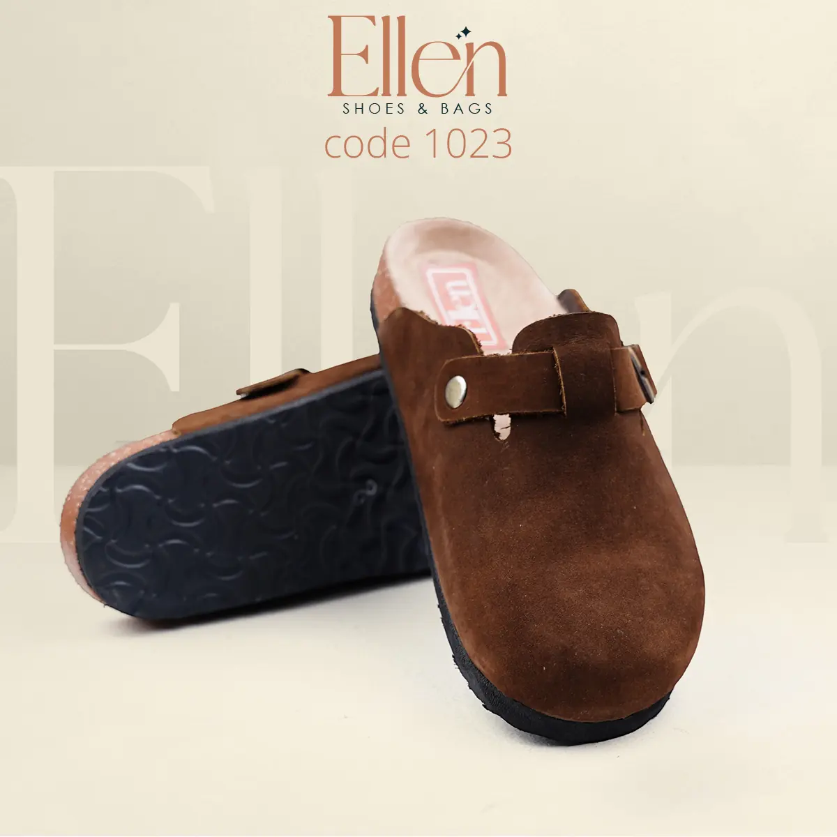 E1023BR_4 سابو حريمي بني كود 1023 مع عرض النعل السفلي والتصميم الجانبي