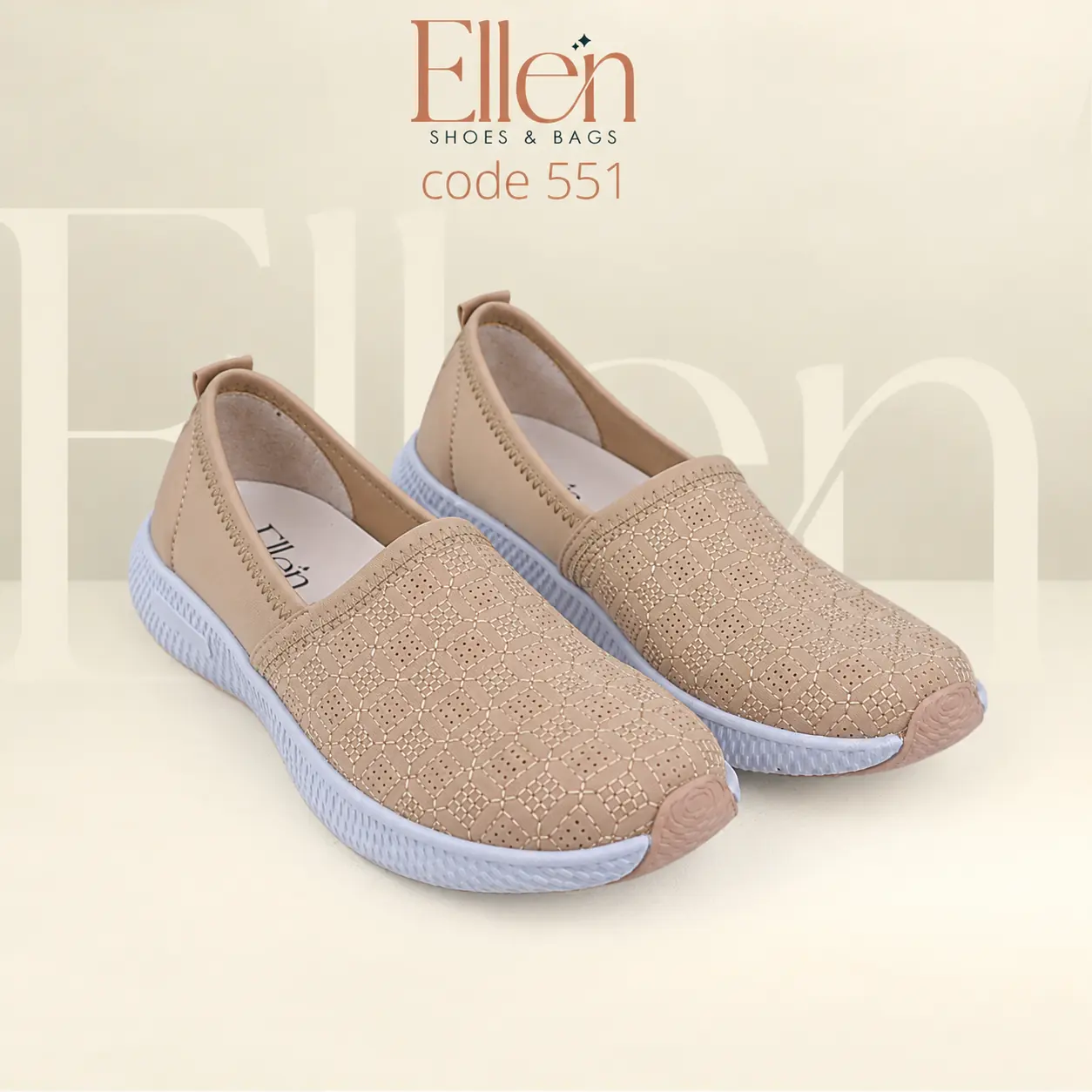 E551BG_2 اسكتشر حريمي بيج بتصميم كاجوال بدون رباط ونقشة هندسية